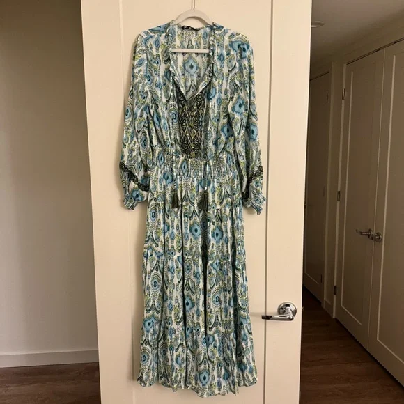 Zara Blue and Green Long Sleeve Maxi Dress - Picture 1 of 6